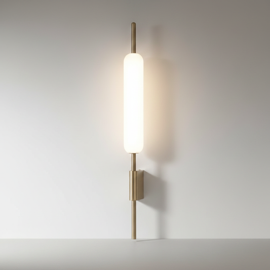 studio shot of Tarantella wall lamp front view showing sleek vertical iron frame and glass shade