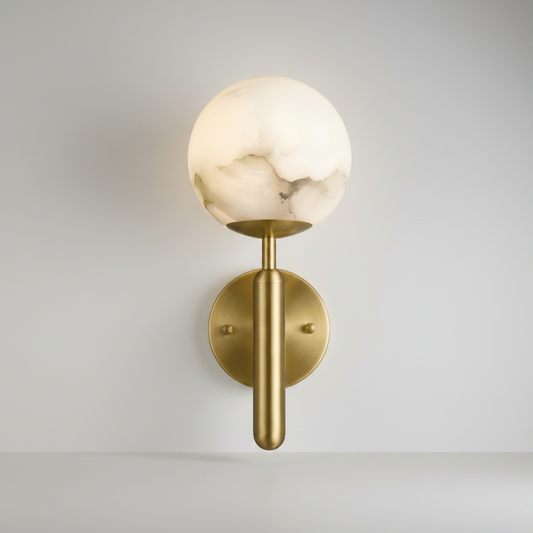 studio shot of Lucera wall lamp with sleek metal rod and luminous alabaster sphere