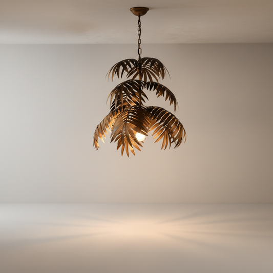 studio shot of Zibibbo chandelier with metallic accents and artistic leaf details