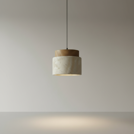 Tenebra ceiling light studio view on clean white background showing wood and travertine