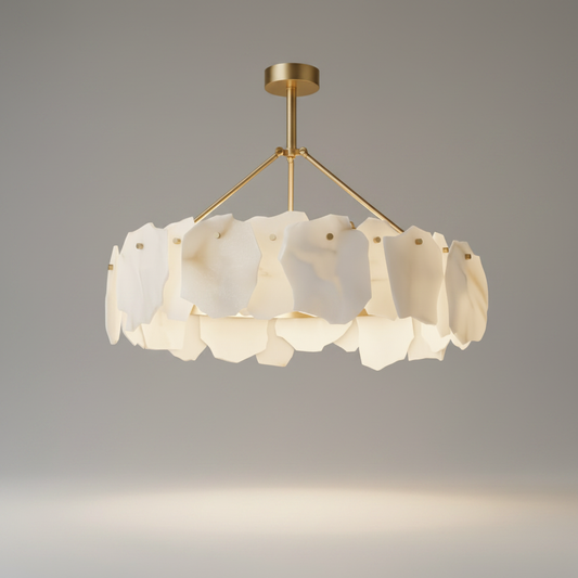 Studio shot of Spindle Alabaster Chandelier front view on clean white background