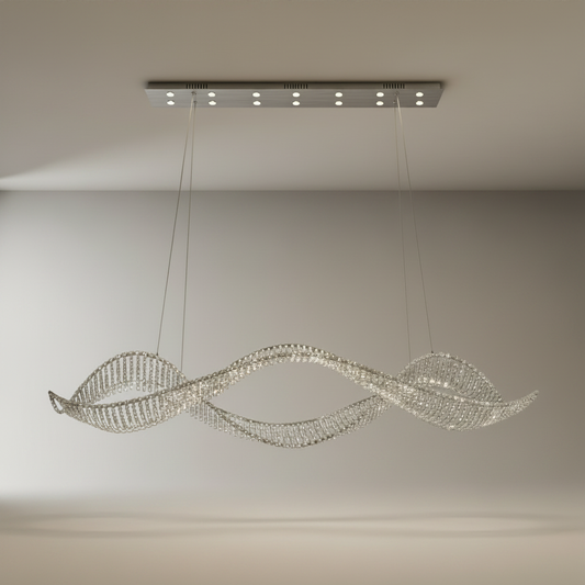 Studio shot of Xenophobia Chandelier with sweeping stainless steel ribbons and crystal rows