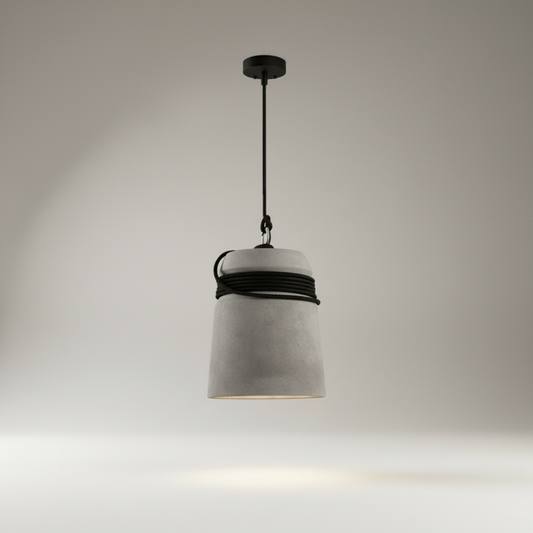 Fenella pendant light studio shot on clean white background showing cement bucket shade and rope