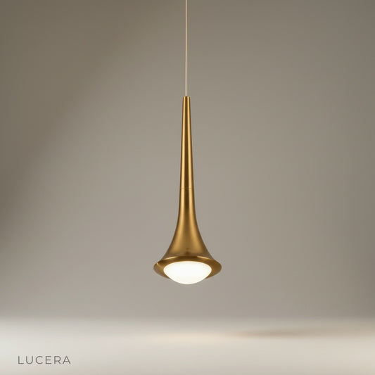 studio shot of sleek aluminum pendant light with acrylic shade on clean white background