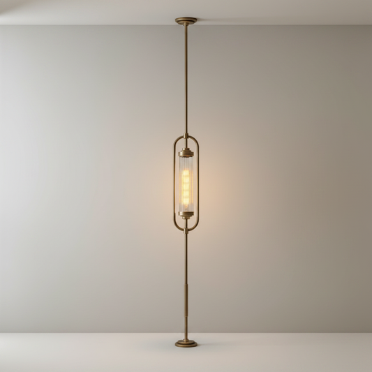 studio shot of Xylem Solis floor lamp with fluted glass cylinder on clean background