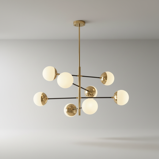 studio shot of geometric copper chandelier with spherical glass bulbs on white background