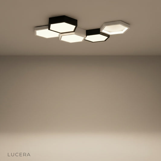 studio shot of Aurelia hexagonal ceiling light front view with frosted acrylic diffuser