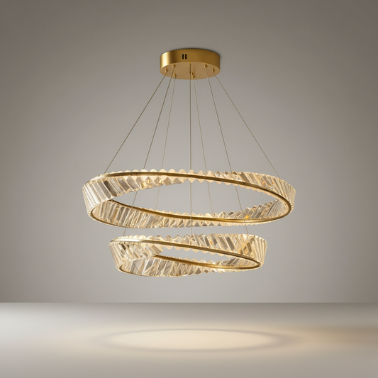 studio shot of Umbilicus chandelier with metal frame and crystal lampshades on clean white background