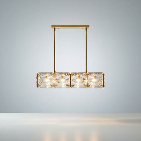 Studio shot of Karst Linear Chandelier front view showing elongated copper frame and clear textured glass globes