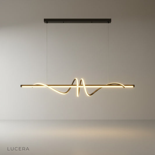 studio shot of Umbral pendant light front view showing abstract wave design in matte black finish