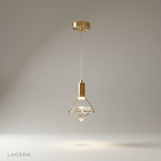 studio shot of Silas pendant light with metallic gold iron frame and crystal detail