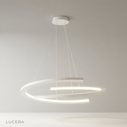 Gleam chandelier studio shot on clean white background showing asymmetrical rings