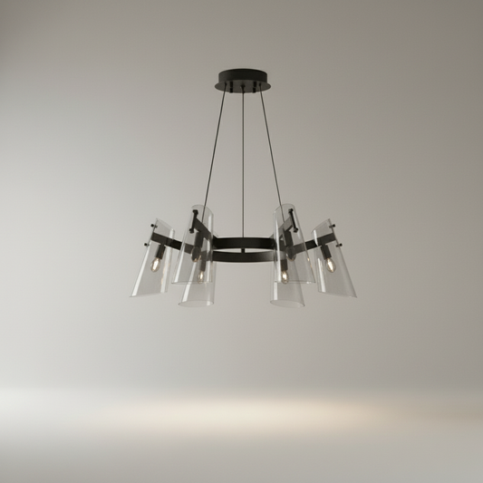 Studio shot of Meteor Chandelier with six clear acrylic shades on a clean white background