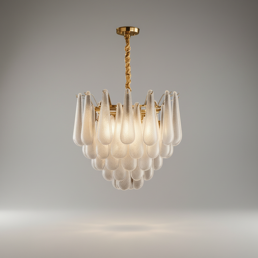 Sagitta Chandelier studio shot on clean white background showing glass petals and circular frame