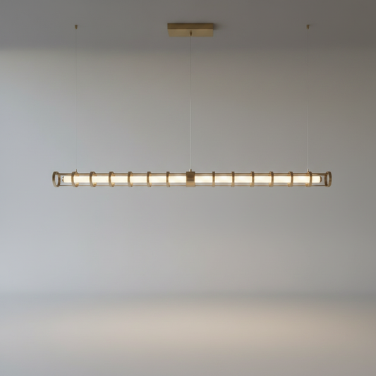studio shot of Shadow Chandelier with slim profile and clear glass shades on clean white background