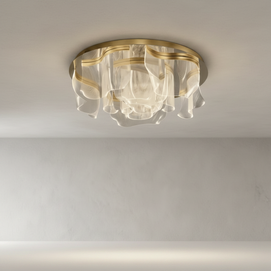 Sisyphus ceiling light studio shot front view gold finish clear acrylic