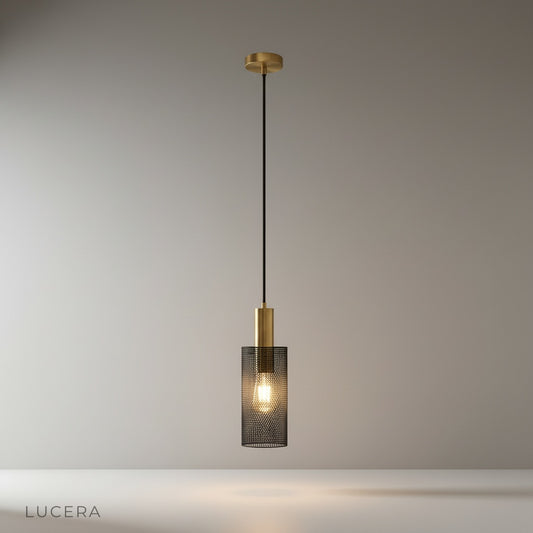 Black Wachau pendant light with cylindrical mesh shade on clean studio background
