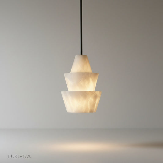 Fillet Alabaster pendant light studio shot on clean white background showing twisted curved form