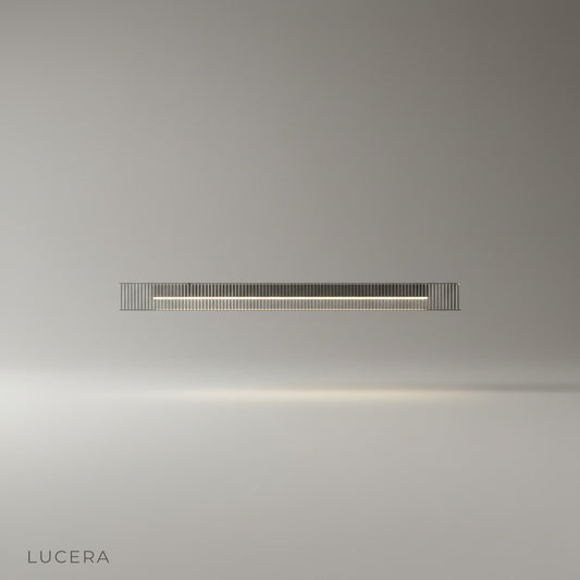 studio shot of black iron linear chandelier with clear glass shades on white background