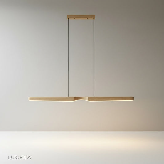 studio shot of Ember wood pendant light with elongated minimalist design on clean white background