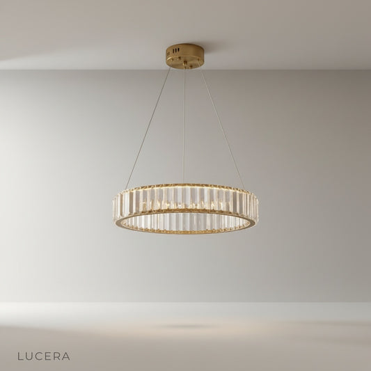 studio shot of Carmelite chandelier with warm LED rings on white background