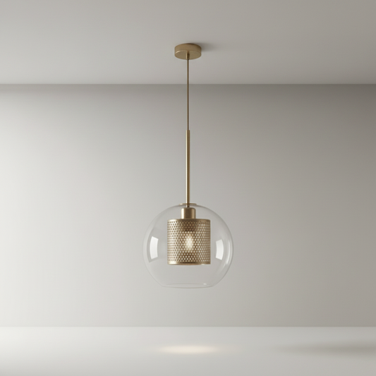 Studio shot of Ginevra pendant light with three clear glass globes and cylindrical perforated metal shades