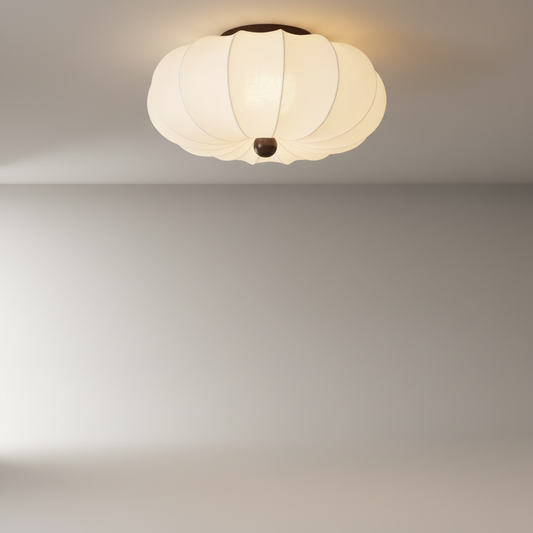 Teresa ceiling light studio view showing rounded fabric shade and wood accent