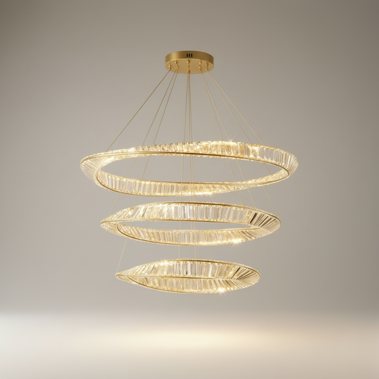 Studio shot of Unity 3-Tier Chandelier front view on clean white background showing metal frame