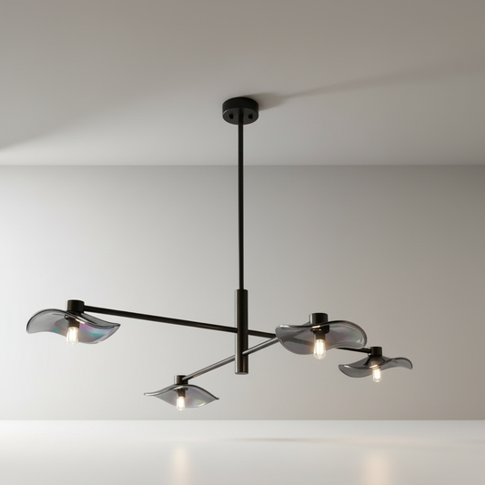 studio shot of Hansa yellow chandelier with iron frame and exposed bulbs
