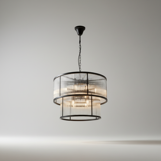 studio shot of two-tiered round iron chandelier with clear ribbed glass shades on clean white background