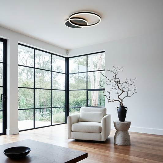 close-up of sleek aluminum ceiling light showing overlapping circle design details