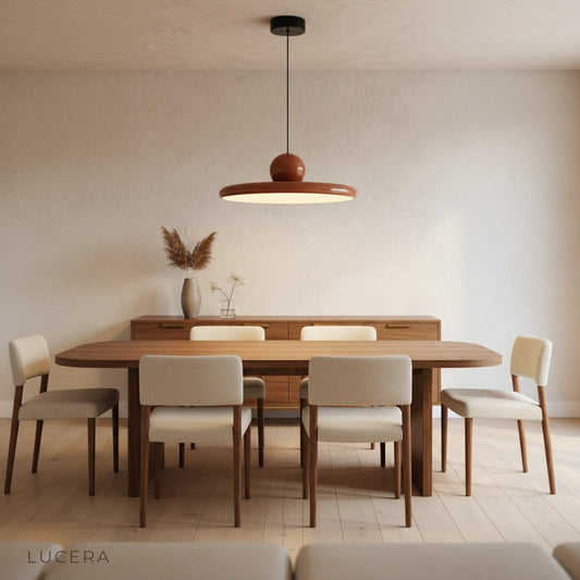 studio shot of King's Blue pendant light on clean white background showing front view of disc shade