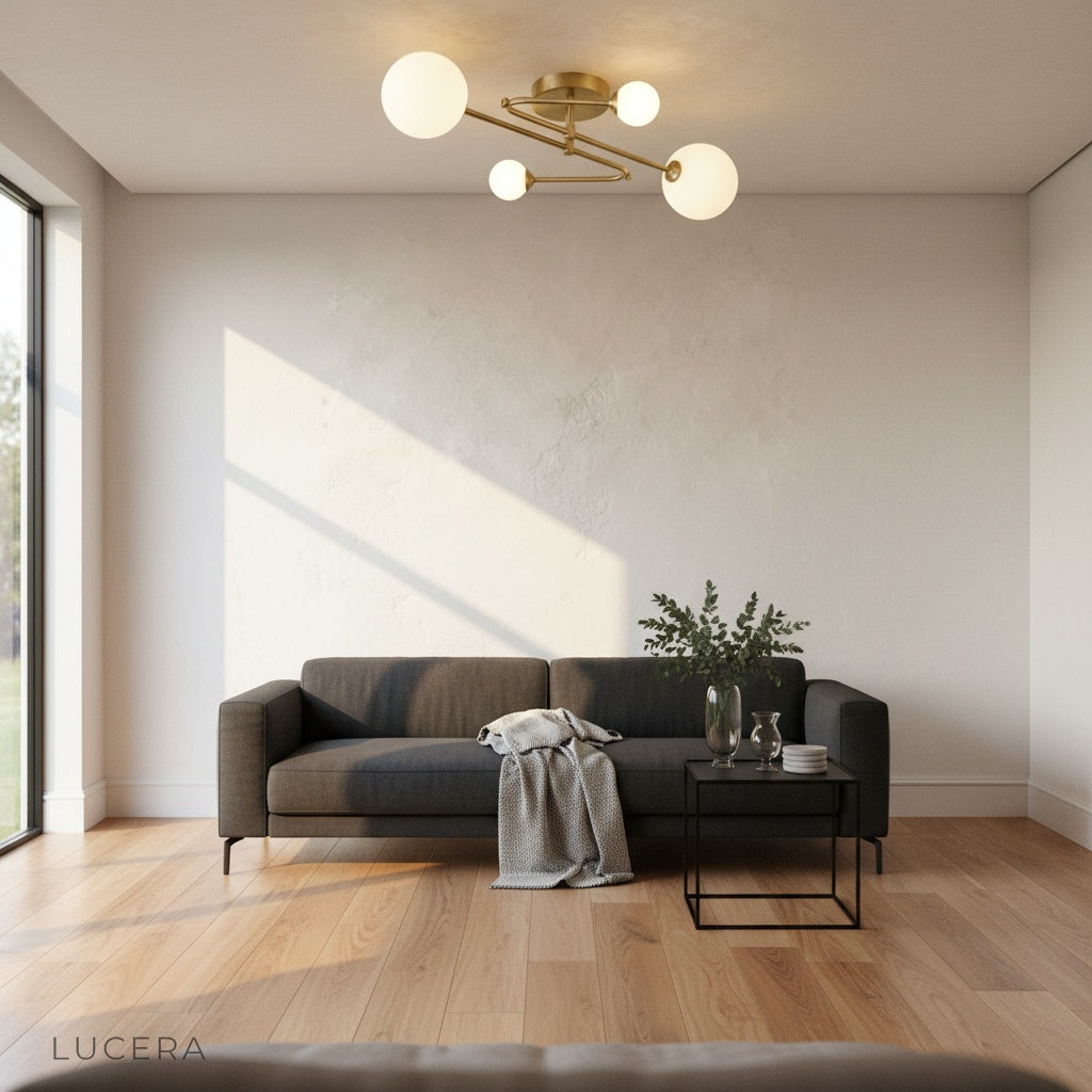 Fringe ceiling light illuminated in stylish lounge with velvet sofa and plants