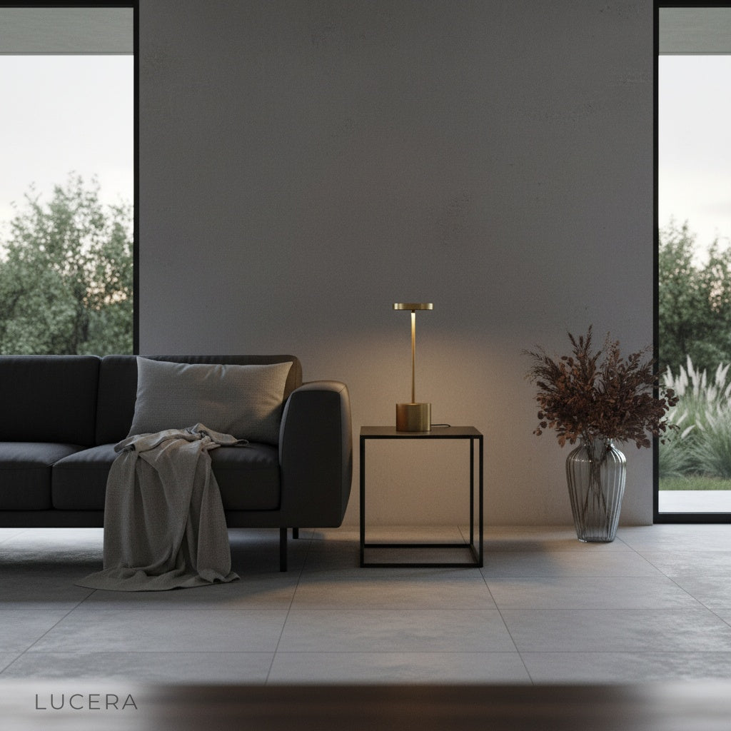 Sinkhole Table Lamp with cool white light on minimalist office desk