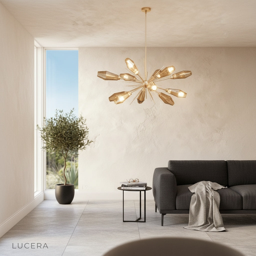 Vex Chandelier as elegant centerpiece in minimalist hallway with reflective surfaces