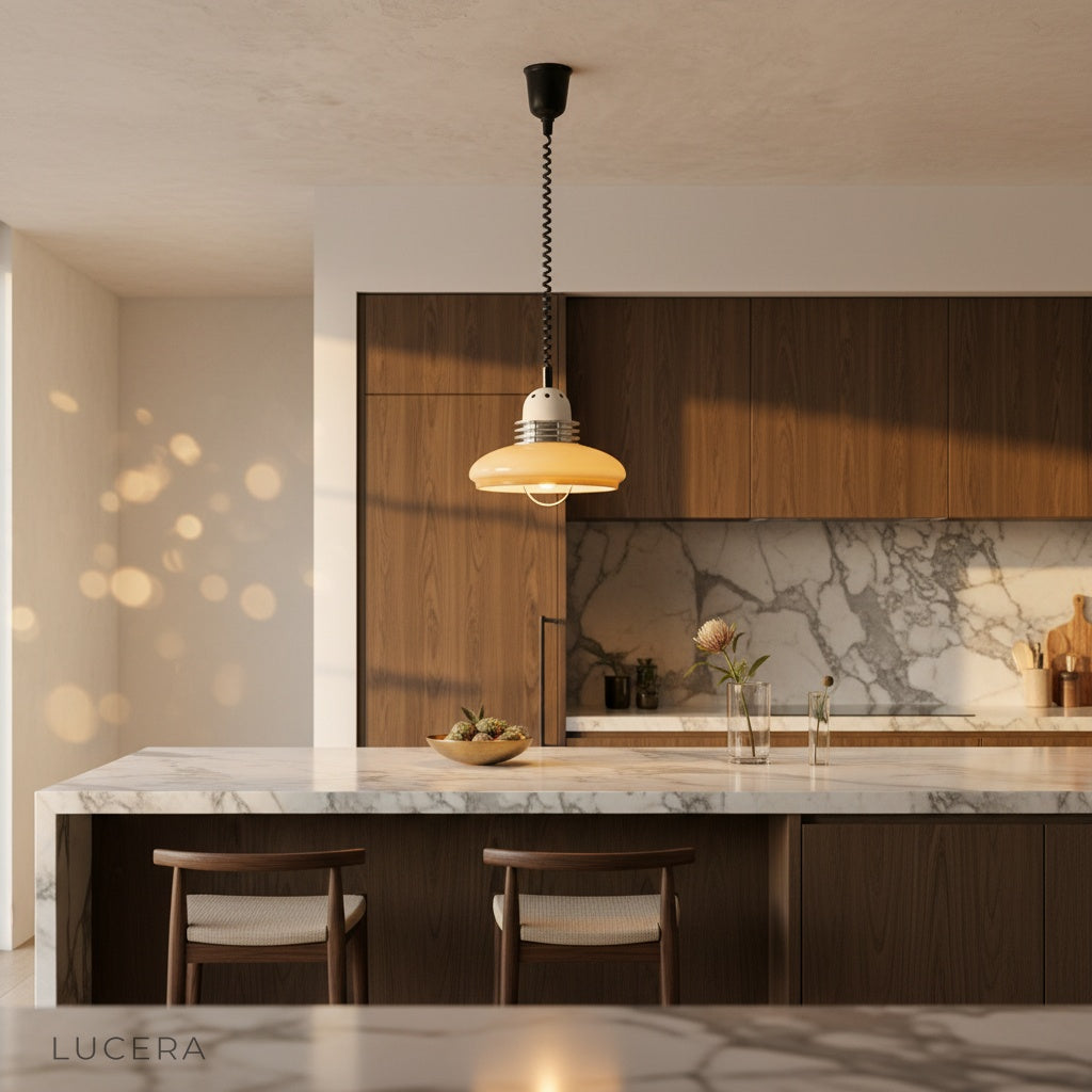 Cima pendant light casting warm glow in minimalist reading nook at night