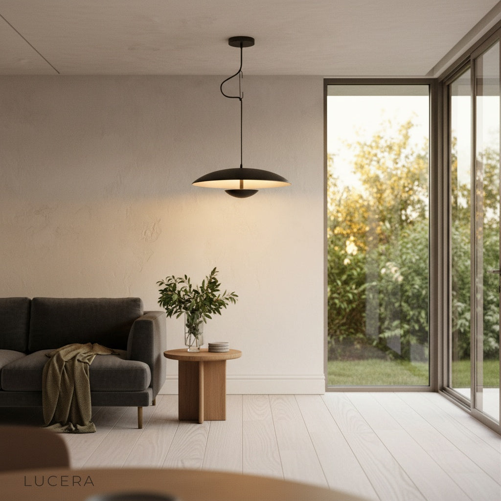 Natural wood Cinder Pendant Light above a minimalist bedroom bedside table with soft ambient glow