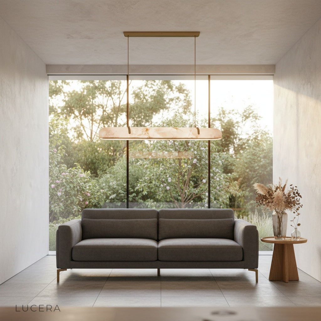 nighttime lifestyle view of Nerissa chandelier in a stylish open-concept loft space