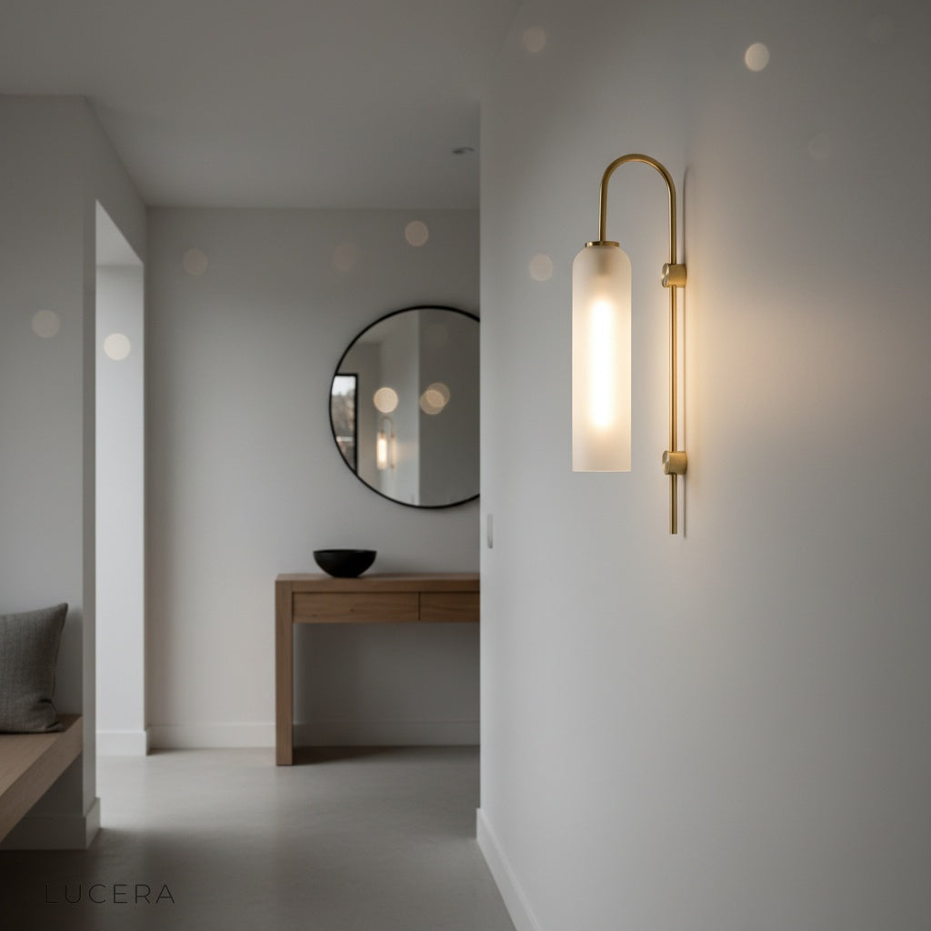 Finale glass wall lamp in a stylish bedroom with layered lighting