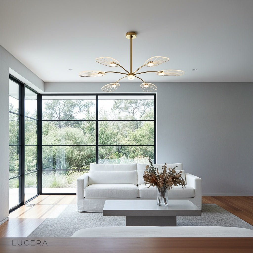 Vespera chandelier in hallway at night casting patterned light on ceiling and walls
