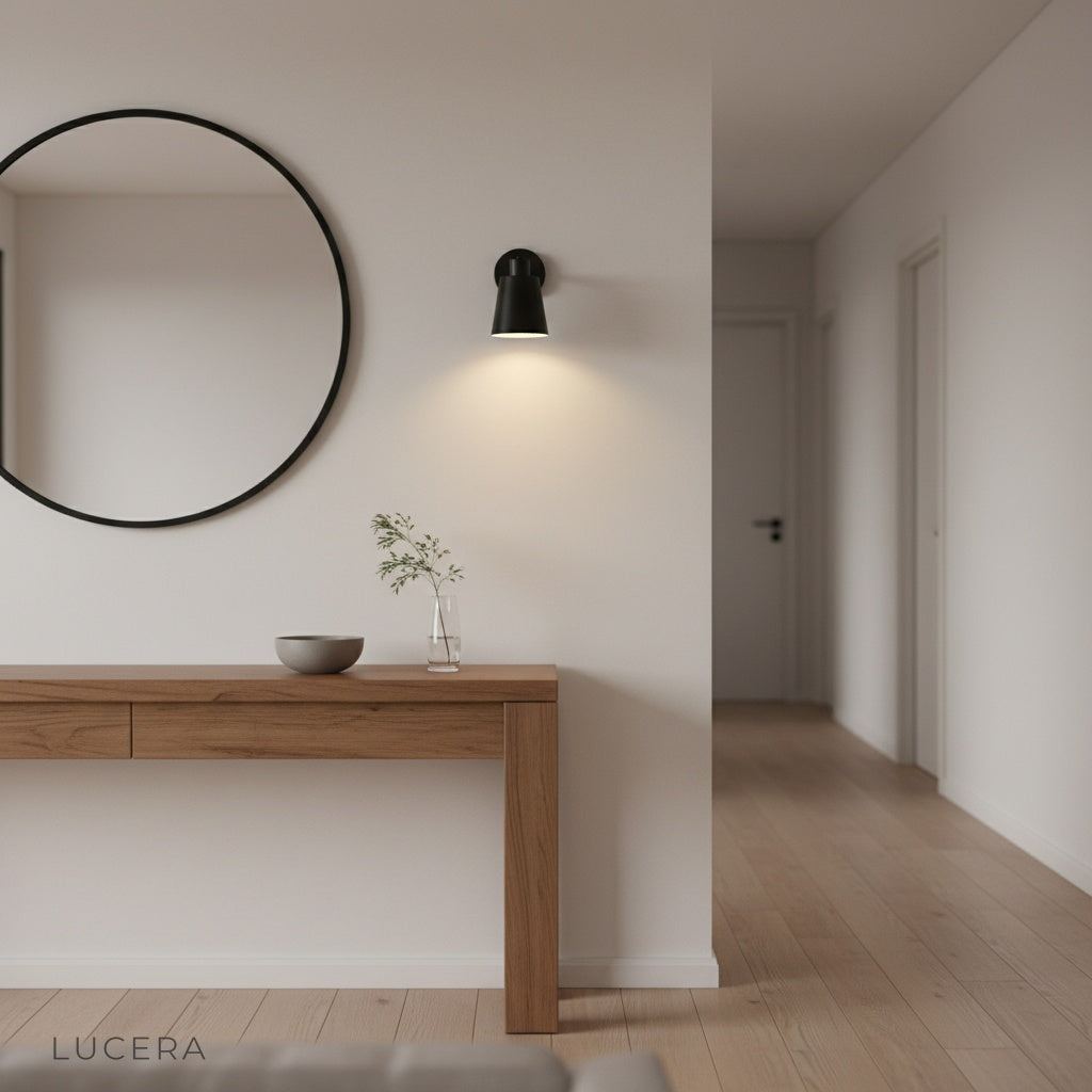 elegant matte gold wall lamp illuminating dark hallway with soft glow