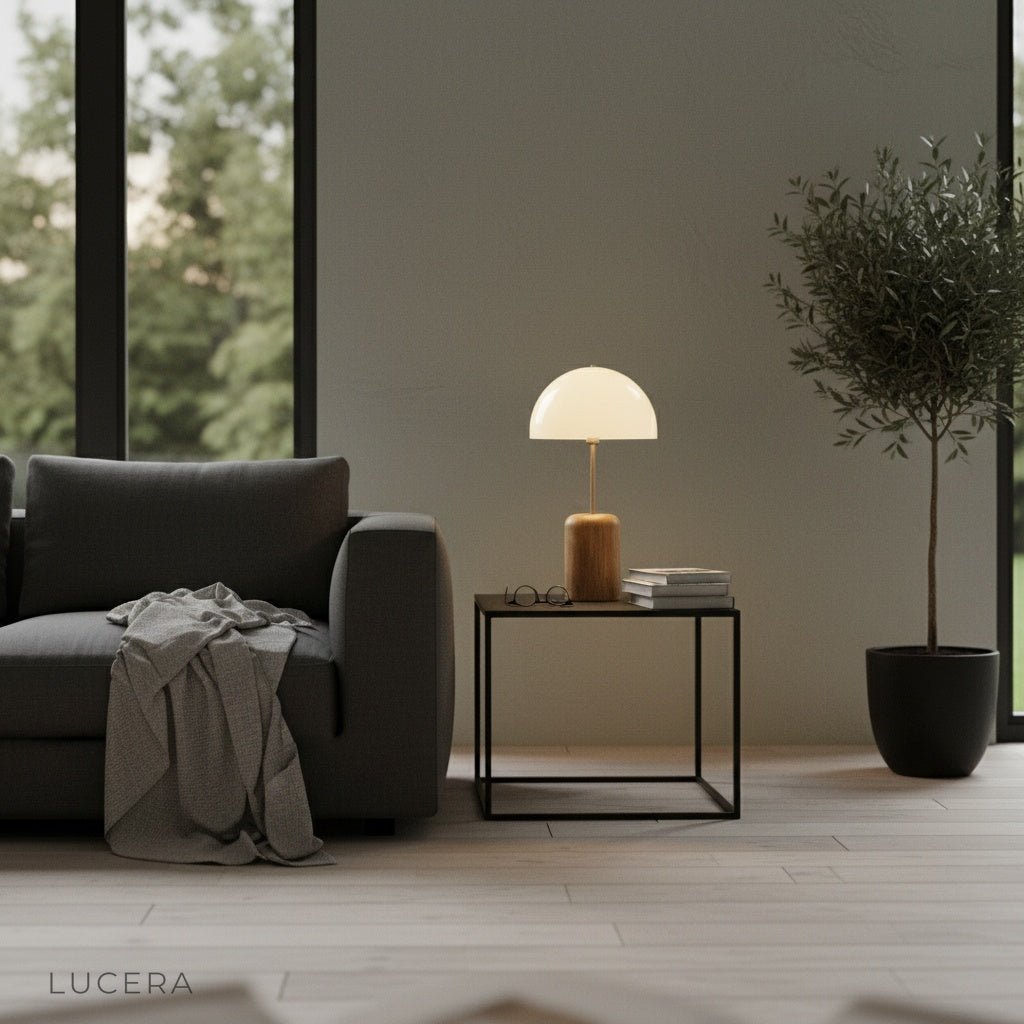 Ignescent Table Lamp with pink shade on entryway table against concrete wall