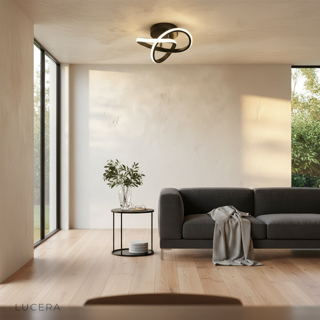 Flow ceiling light casting warm light in minimalist hallway with iron and acrylic details