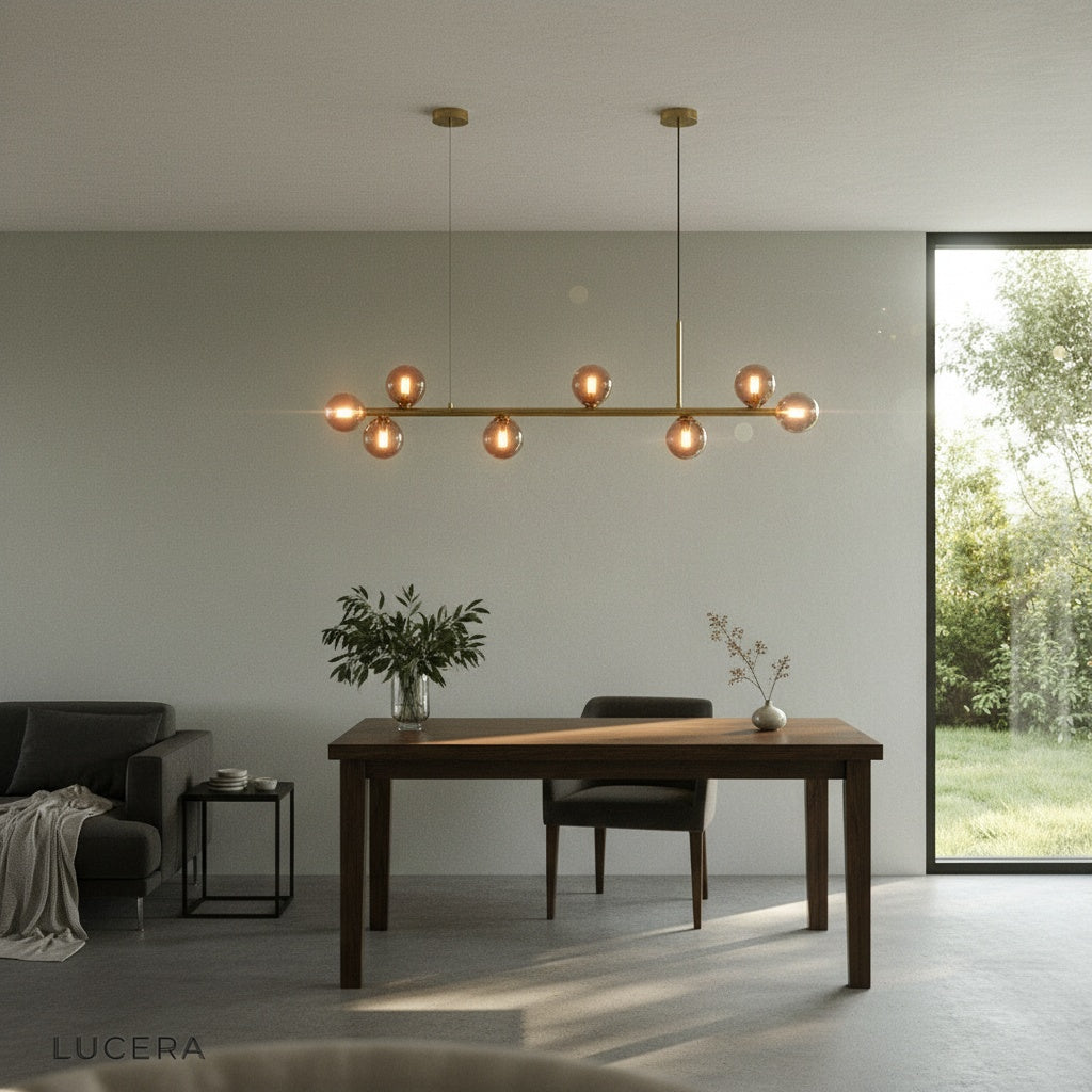 sleek linear light fixture in an upscale bedroom with neutral decor