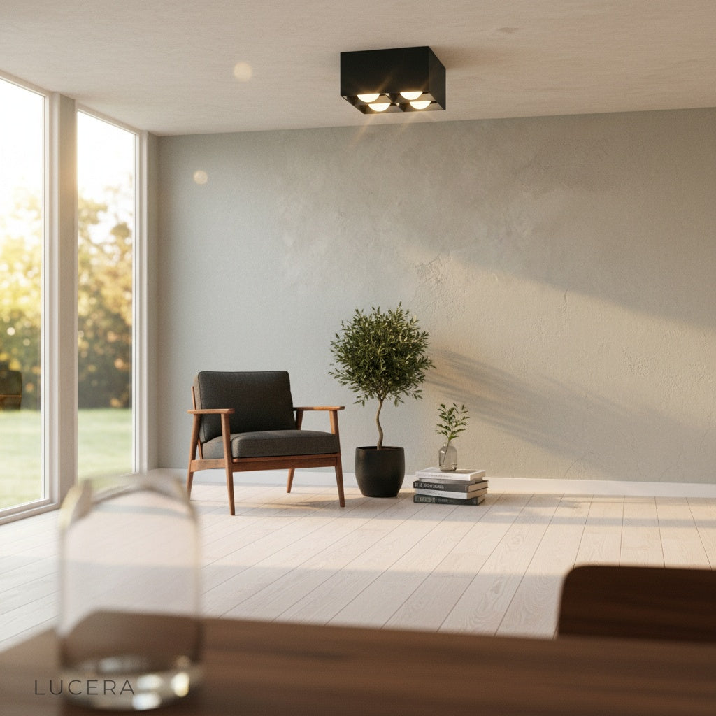 minimalist Quartet LED downlight casting warm ambient light in hallway