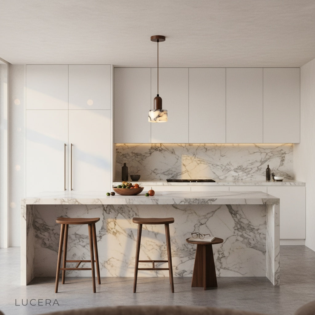Aglow pendant light by Lucera in minimalist living room corner with warm diffused glow