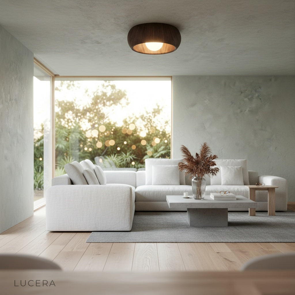 Evening lifestyle view of Keen sculpted fixture blending wood and acrylic in a modern lounge