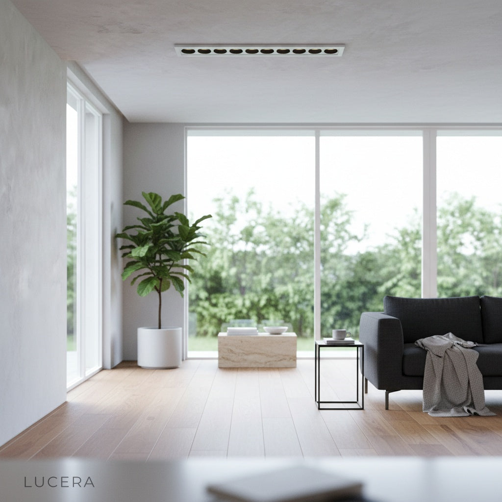 Knoll downlight glowing softly in minimalist bedroom at dusk with adjustable beam
