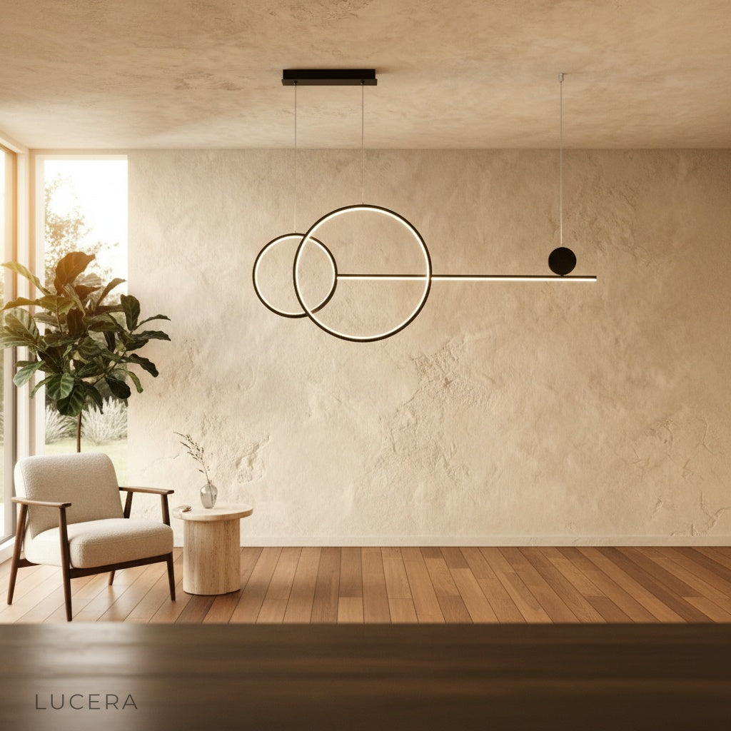 Brumal pendant light black rings glowing against dark wall in nighttime setting
