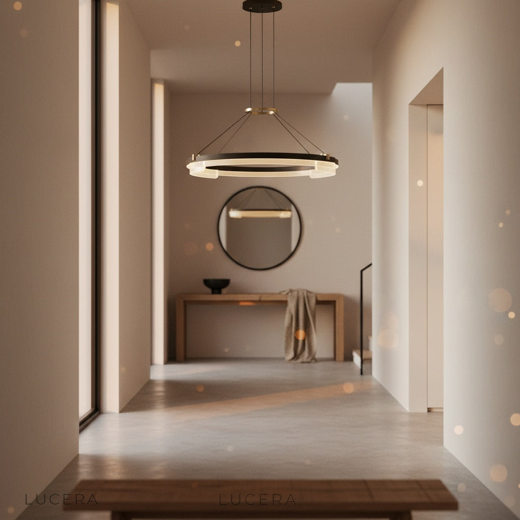 Aurelian Chandelier in elegant hallway with dual rings reflecting warm light on walls